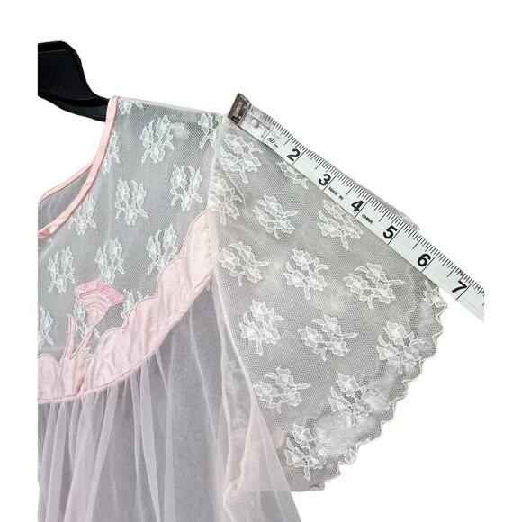 Vintage 60s 70s Peignoir Negligee L Pink Floral Nylon Lace Sheer Retro Feminine - Picture 9 of 13